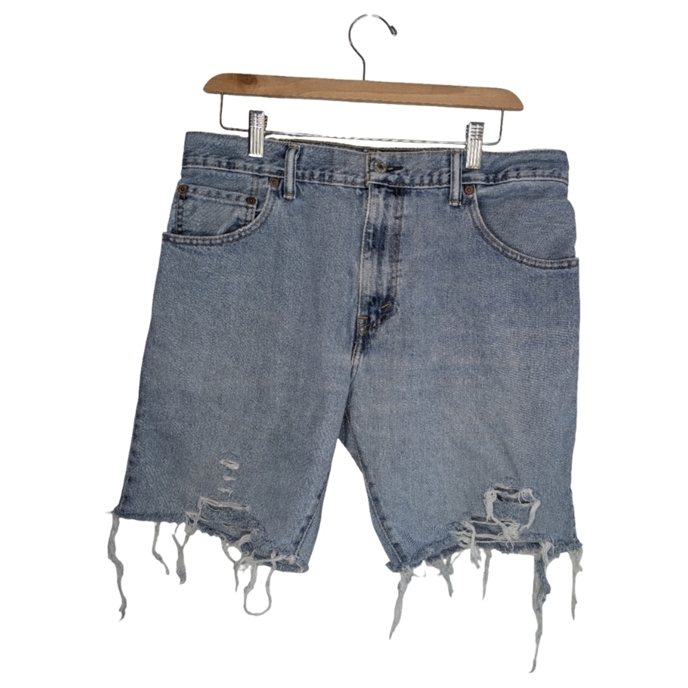 Vintage Levi’s 517 Denim Cut Off Shorts Medium Wash Raw Hem | 34" Waist
